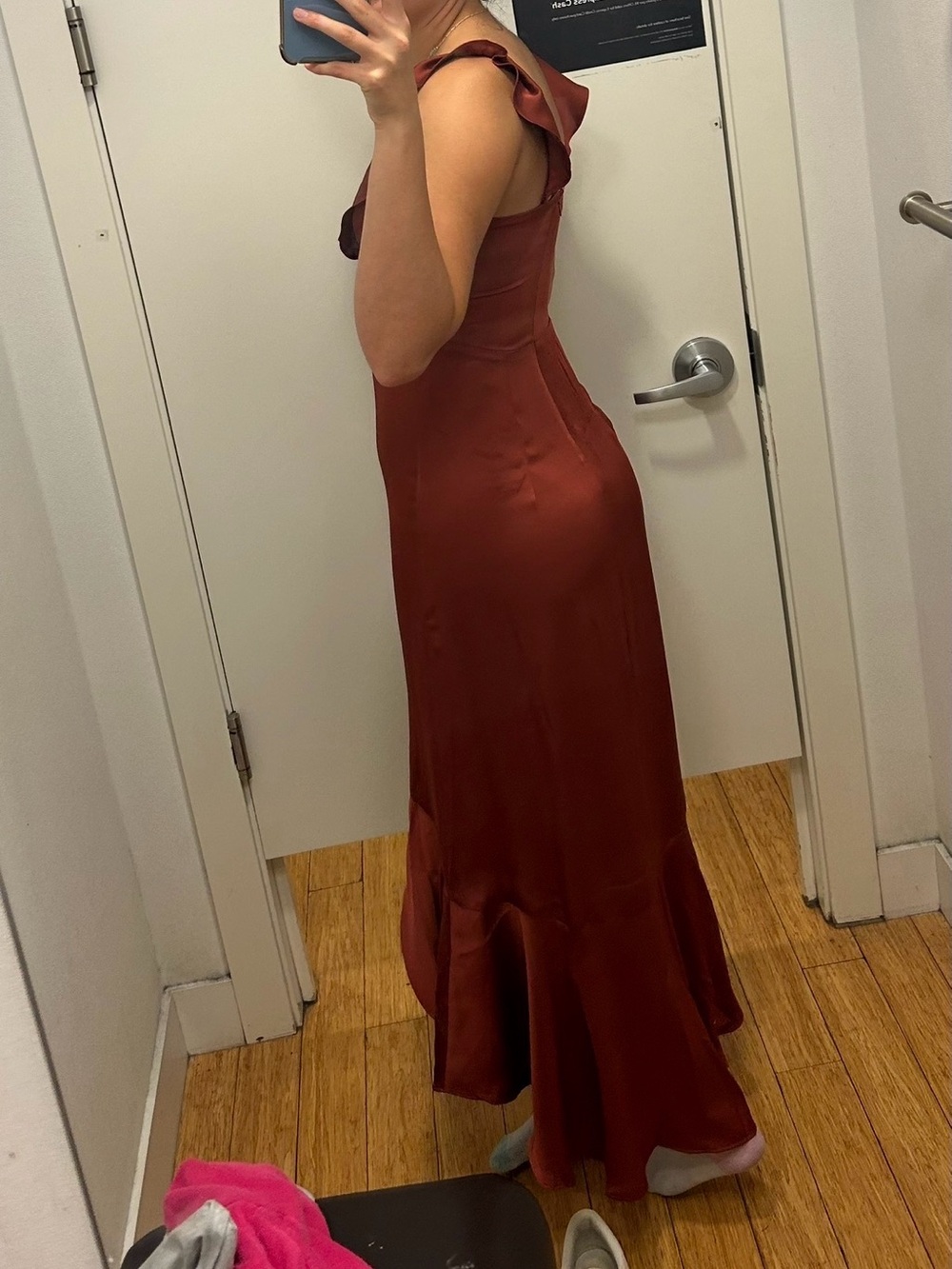 Rust Ruffle V-Neck Satin Midi Dress - Picture 2 of 2